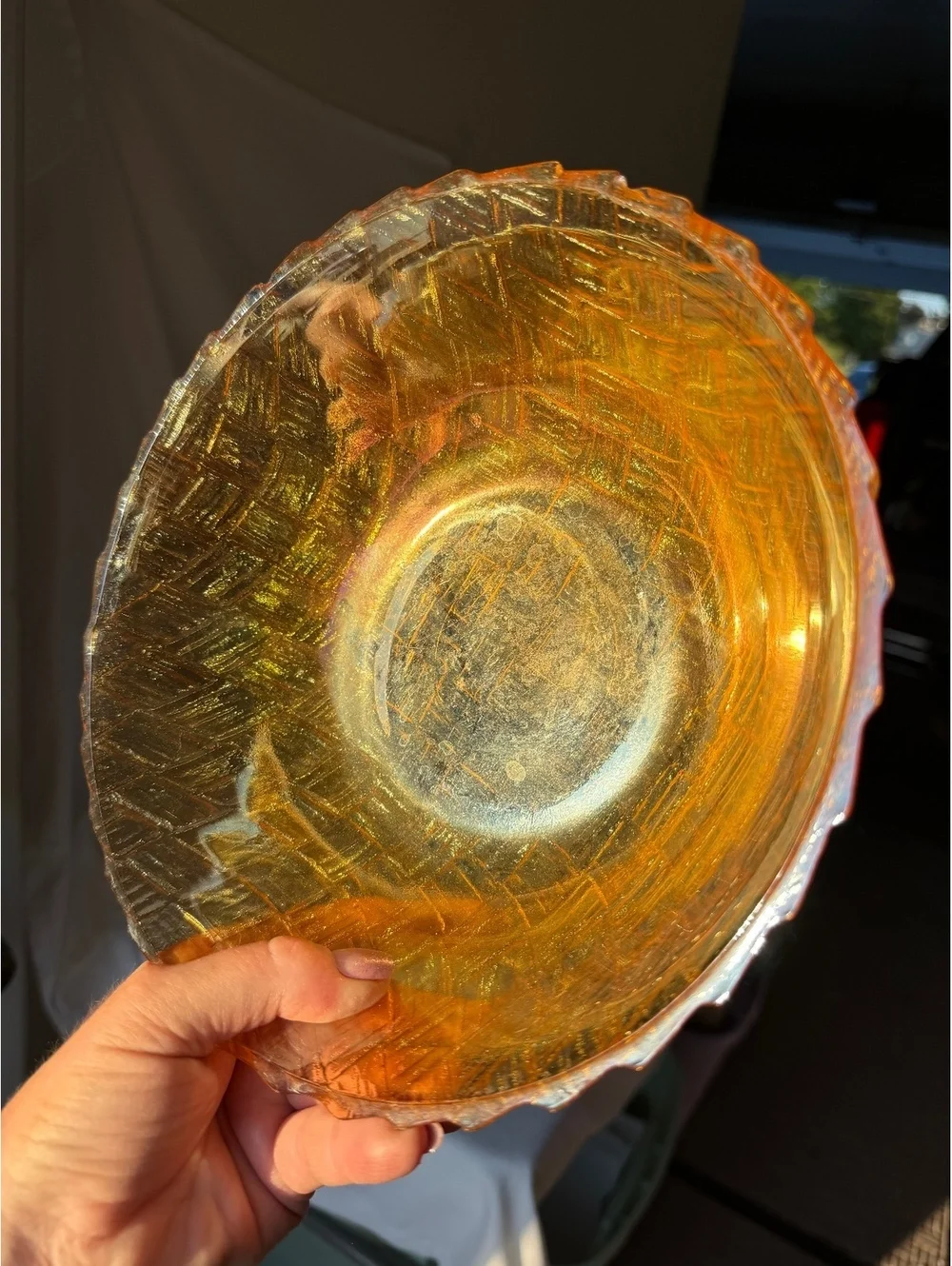Imperial Basketweave Amber Carnival Glass 8” Serving Bowl Iridescent Vintage